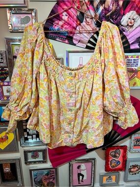 Free People James Smock Top - Bright Yellow Floral Print